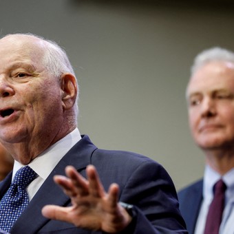 FILE PHOTO: U.S. Senator Senator Ben Cardin (D-MD)  (D-MD) and Sen. Chris Van Hollen (D-MD), as he delivers introductory remarks before U.S. President Joe Biden was scheduled to speak about his economic agenda at Prince George's Community College in Largo, Maryland, U.S. September 14, 2023. REUTERS/Jonathan Ernst/File Photo