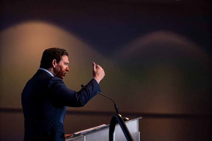 Ron DeSantis, governor of Florida and 2024 Republican presidential candidate, speaks during the Associated Contractors of America conference in Des Moines, Iowa, US, on Wednesday, Jan. 10, 2024. DeSantis pitched Iowa voters days ahead of their caucuses by branding himself as a Republican outsider who can bring order to the southern border, ease inflation and promote a US energy revival. Photographer: Al Drago/Bloomberg