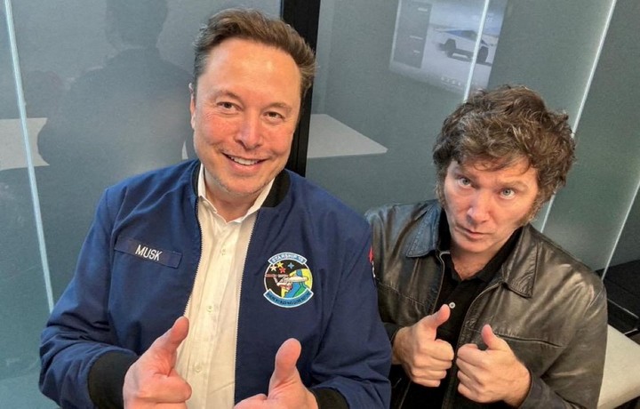 Argentina's President Javier Milei poses next to Tesla CEO and owner of X, Elon Musk.