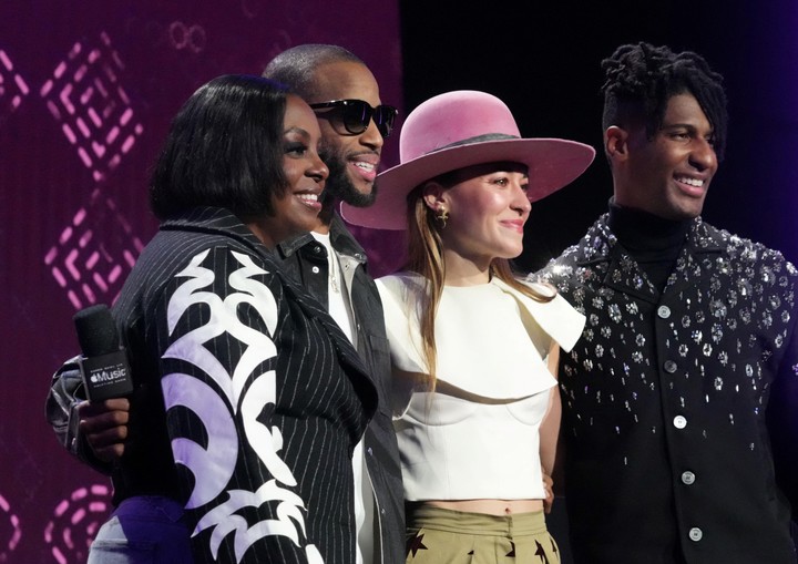 Feb 6, 2025; New Orleans, LA, USA;  Pre-game performers Ledisi, Trombone Shorty, Lauren Daigle and Jon Batiste pose for a photo during a press conference for the Super Bowl LIX Halftime Show at Media Center. Mandatory Credit: Kirby Lee-Imagn Images