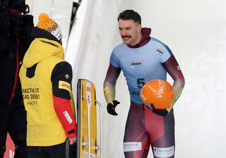 
Germany's Axel Jungk reacts during the men's skeleton 