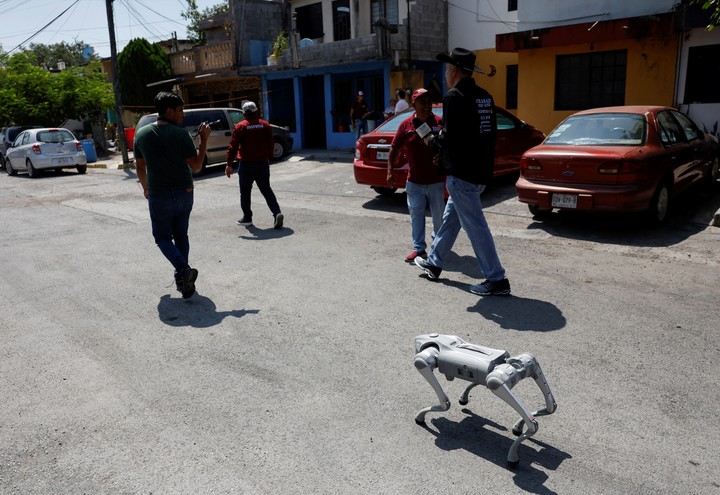 Mexican Senator Waldo Fernandez is followed by "Waldog", a robotic dog that he uses as a tool to raise awareness about animal adoption and abuse during a street tour, in Guadalupe, Mexico, August 8, 2025. REUTERS/Daniel Becerril
