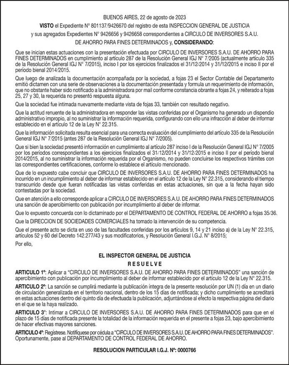 Resolución IGJ: Apercibimiento a Círculo de Inversores S.A.U. por infracción a la Ley 22.315