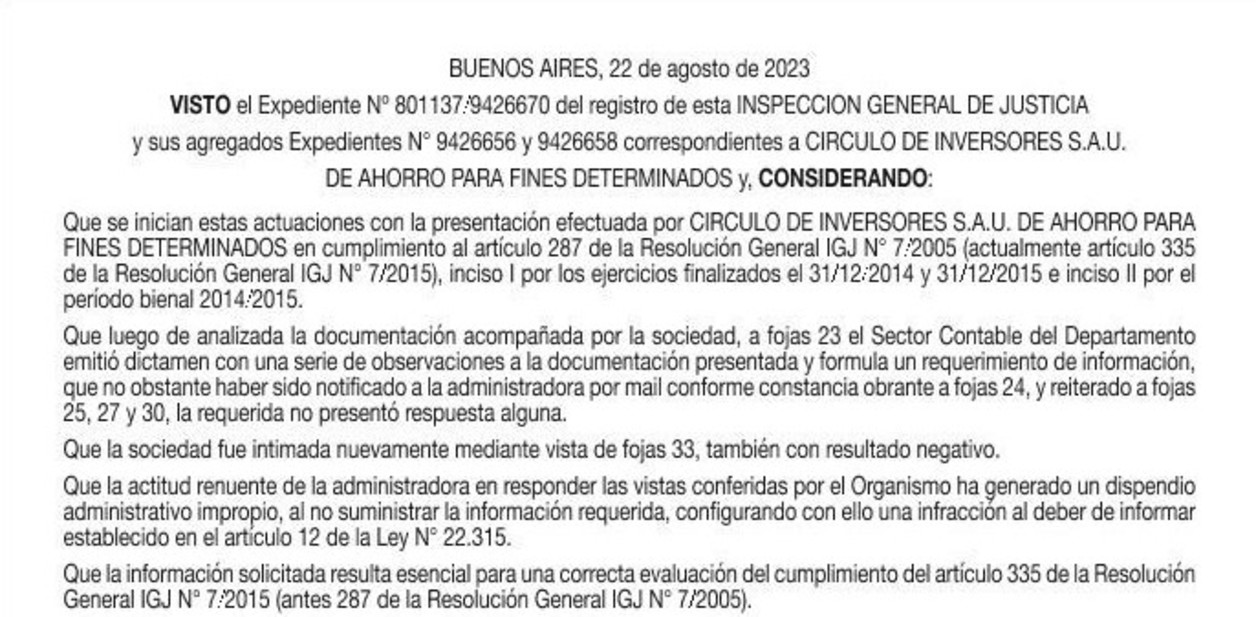 Resolución IGJ: Apercibimiento a Círculo de Inversores S.A.U. por infracción a la Ley 22.315