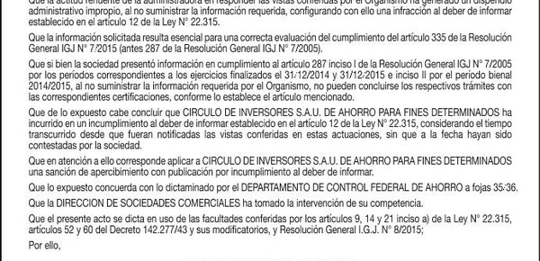 Resolución IGJ: Apercibimiento a Círculo de Inversores S.A.U. por infracción a la Ley 22.315