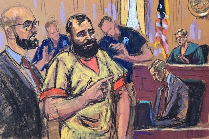 Mohammad Baqer Saad Dawood Al-Saadi, an Iraqi man accused of helping Iran-backed militia's plans for attacks in the United States and Europe, stands with his defense attorney Andrew Dalack before U.S. District Judge Colleen McMahon during his arraignment in Manhattan federal court in New York City, U.S., June 1, 2026 in a courtroom sketch. REUTERS/Jane Rosenberg