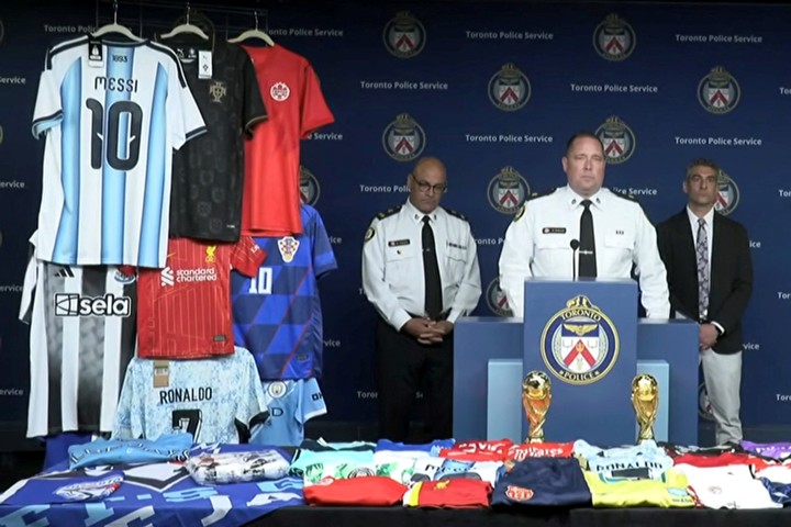 Toronto Police Service Superintendent David Ecklund speaks to the press about what they described as the largest seizure of counterfeit soccer jerseys ever recorded in Canada, just days before the the start of the FIFA 2026 World Cup, in Toronto, Ontario, Canada June 1, 2026 in a still image from video. Toronto Police Service/Handout via REUTERS THIS IMAGE HAS BEEN SUPPLIED BY A THIRD PARTY