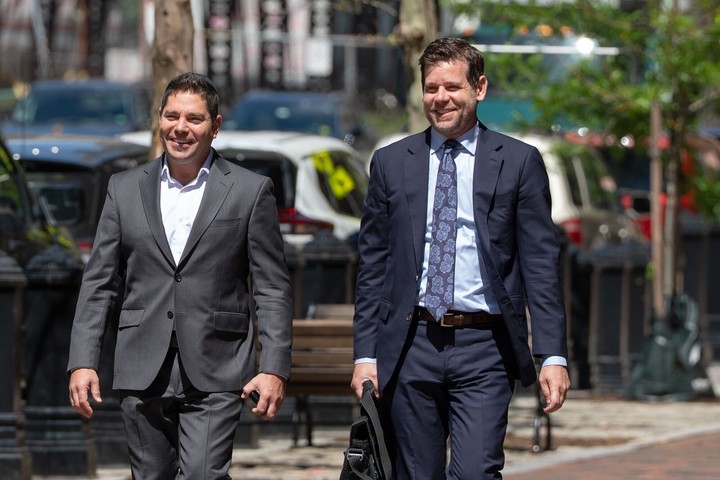 Defendant Brian Fensterszaub, left, arrives at the John Joseph Moakley United States Courthouse in Boston, Massachusetts, US, on Monday, June 1, 2026. Lawyers from top mergers and acquisitions firms provided tips on some of the biggest deals of the last decade to an insider trading ring that made tens of millions of dollars in illegal profits, federal prosecutors said. Photographer: Mel Musto/Bloomberg